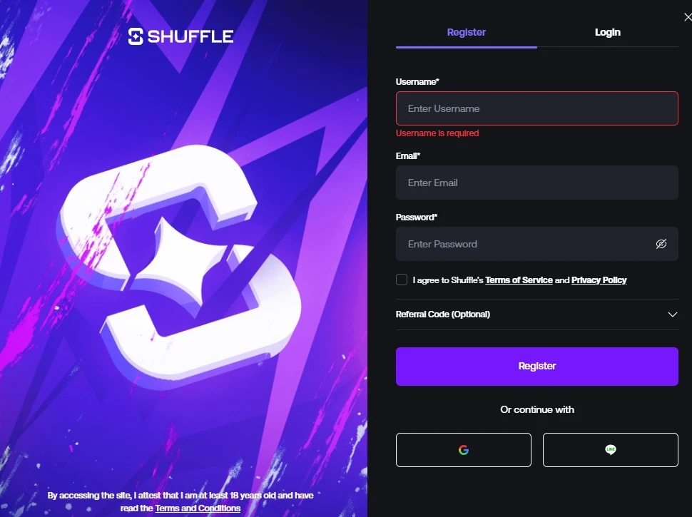 Registrierung bei Shuffle Casino